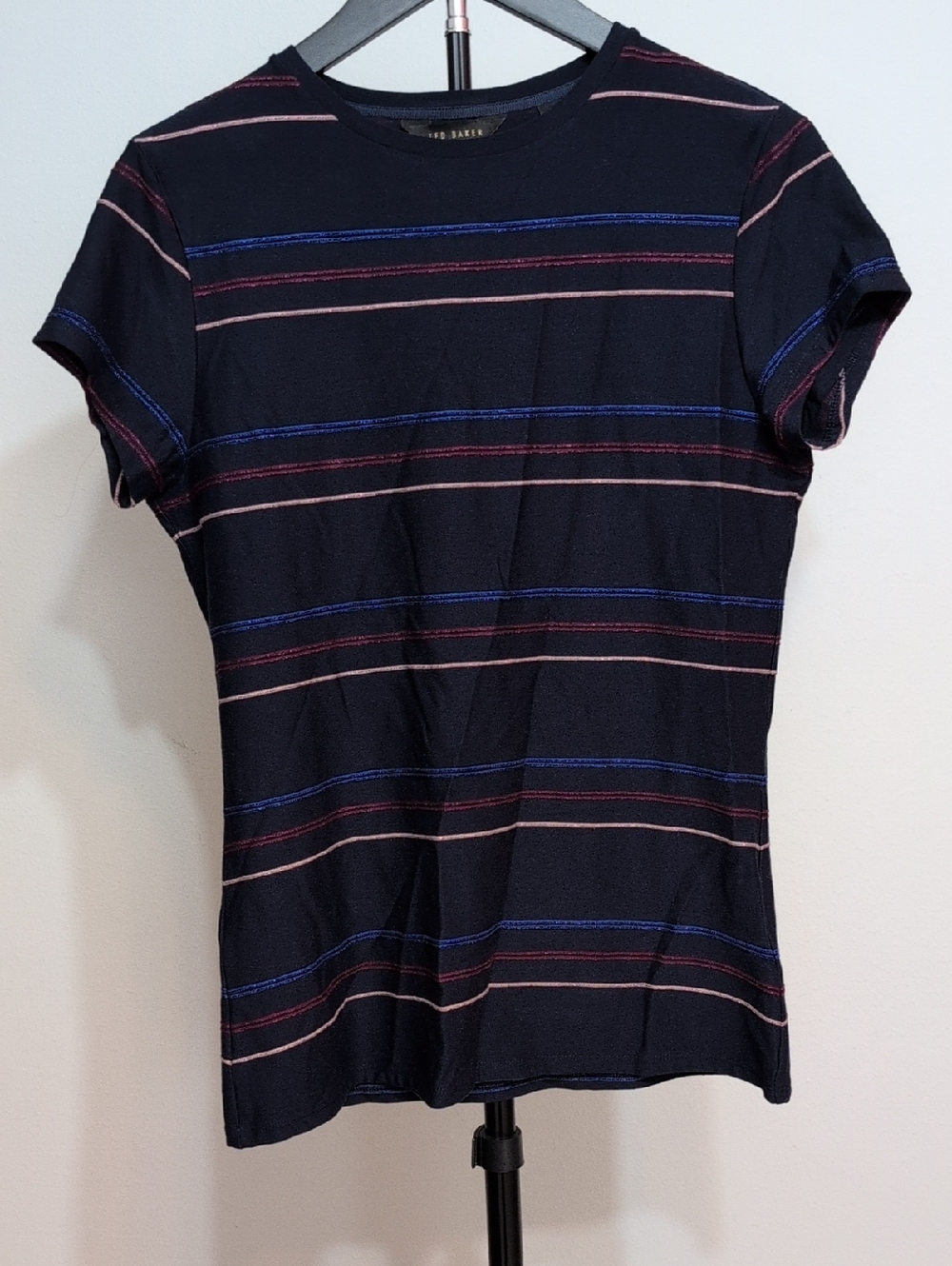 Ted Baker Navy Short Sleeve Tee with Pink & Blue Stripes